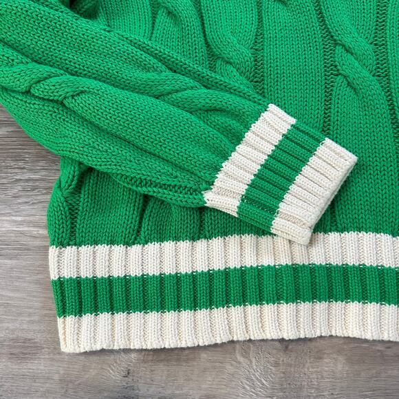 Aerie Sweater Green Cable Knit Cotton V-Neck Varsity Preppy Fall Medium - Picture 2 of 8